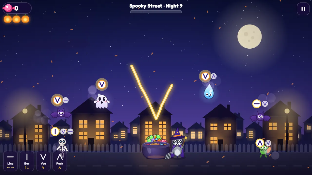 Trick or Draw gameplay on Spooky Street: the raccoon witch draws a V, which knocks the V symbol off every ghost that shows one in front