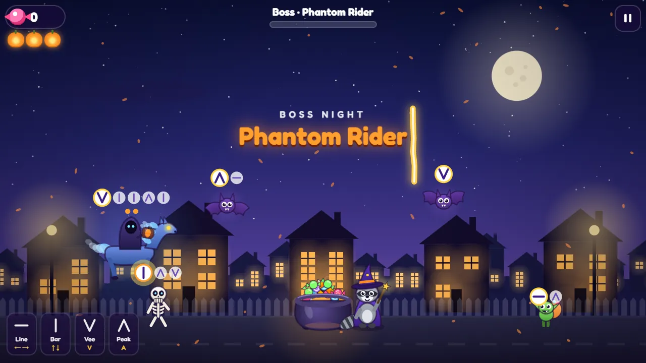 Boss night in Trick or Draw: the Phantom Rider gallops toward the candy cauldron with bats, goblins and a skeleton