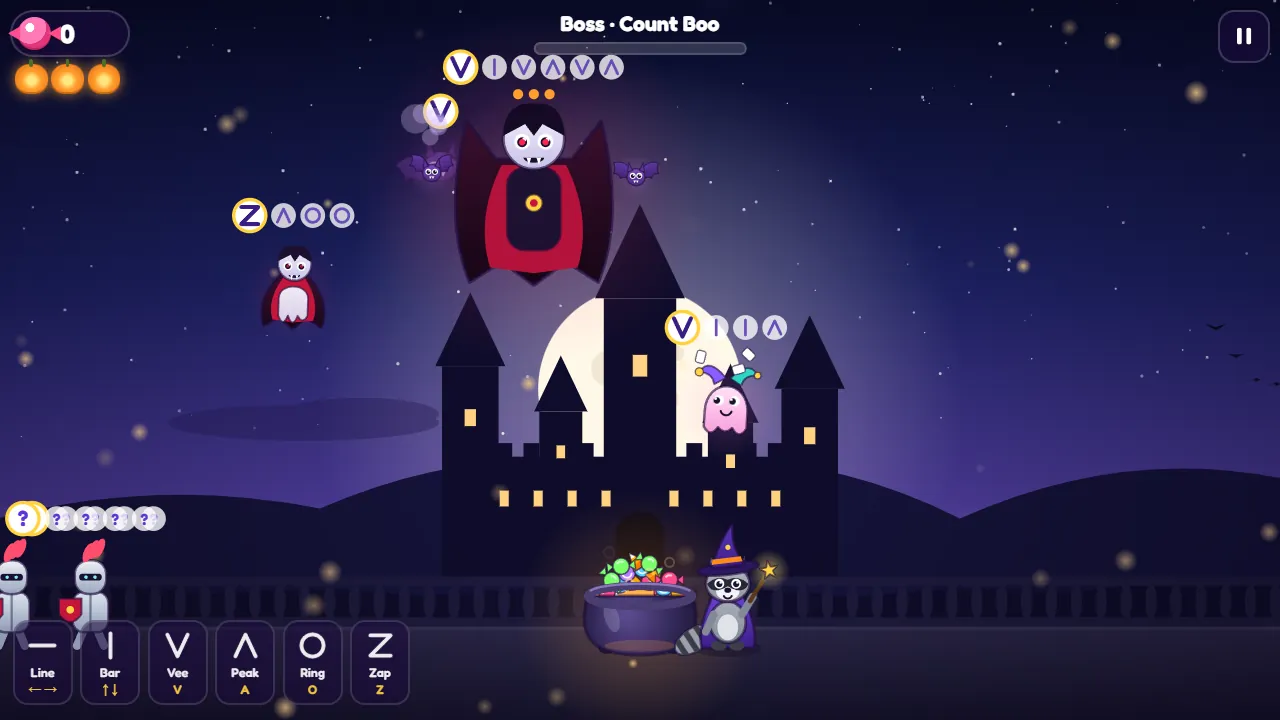 Count Boo, the final boss of Trick or Draw, floats over the Moonlit Castle surrounded by vampires and armor knights