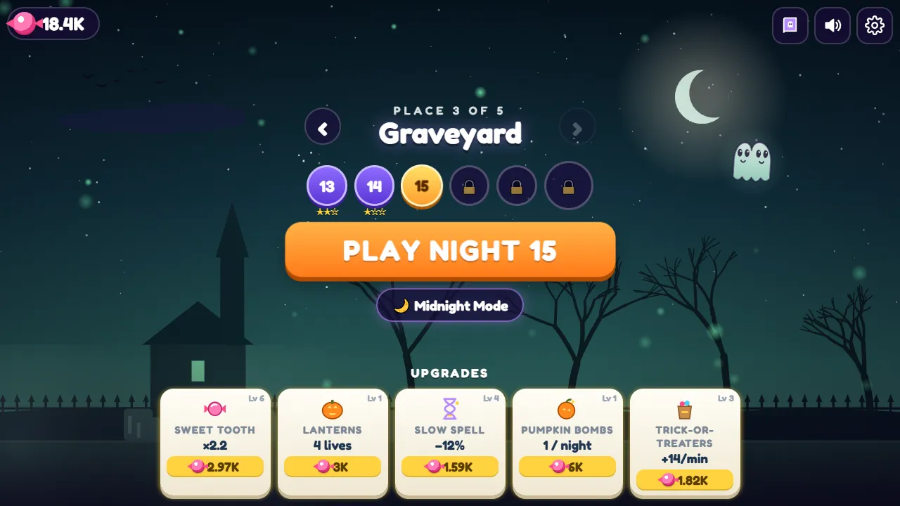 The Trick or Draw map: 30 nights in five spooky places, with candy upgrades for lanterns, slow spells, bombs and trick-or-treaters